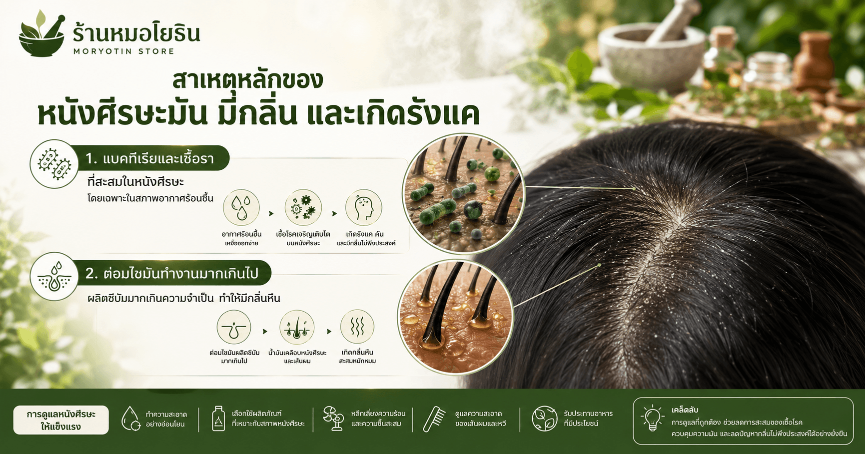 การสะสมของความมันและเชื้อราบนหนังศีรษะ ต้นเหตุของกลิ่นเหม็นและรังแค